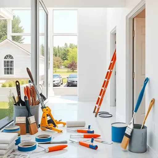Bellwood, VA painting contractor's workspace with freshly painted walls, tools, and organized supplies in a bright, professional setting.