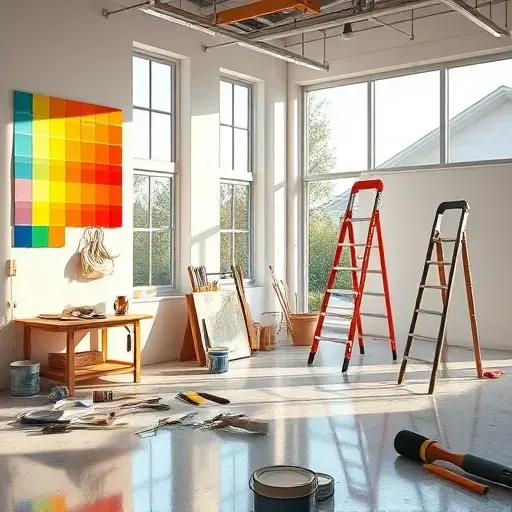 Organized painting workspace in Henrico, VA with color swatches, tools, painted wall, and natural light.