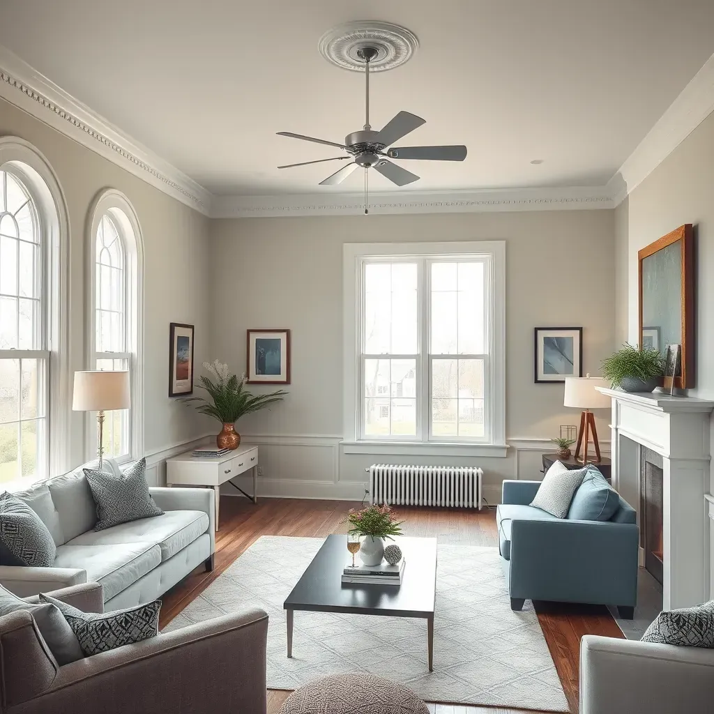Interior of a Montrose, VA home featuring freshly painted beige walls, large windows, hardwood flooring, and elegant decor.
