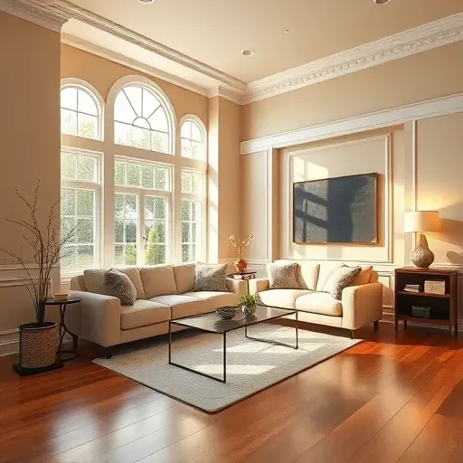 Modern living room in Sandston VA with warm beige walls, natural light, hardwood floors, elegant moldings, cozy decor, and refined interior details