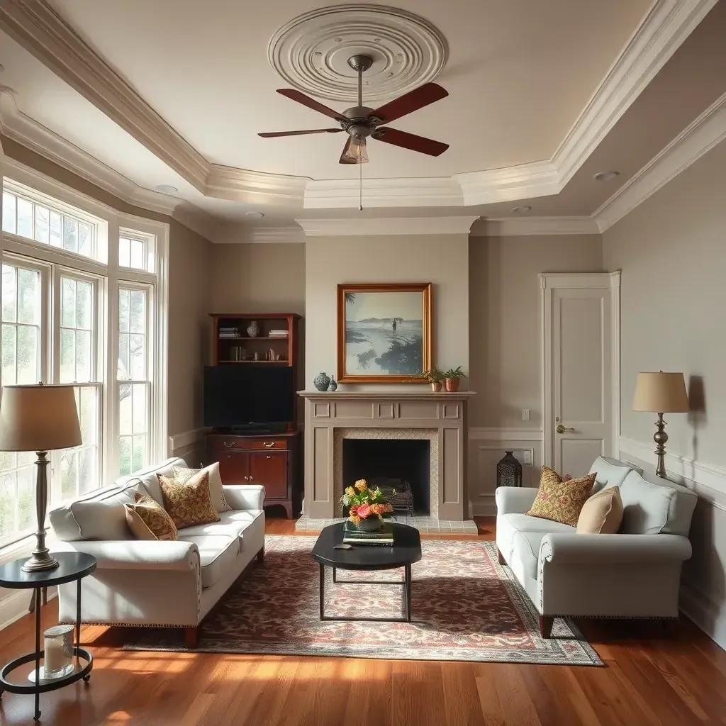 Bright living room in Powhatan, VA with freshly painted beige walls, white trim, hardwood floors, and natural light.