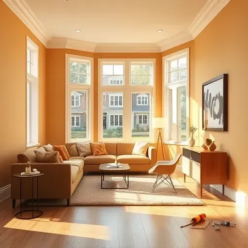 Interior of a freshly painted living room with flawless walls, detailed trim, natural light, modern decor, highlighting expert craftsmanship.