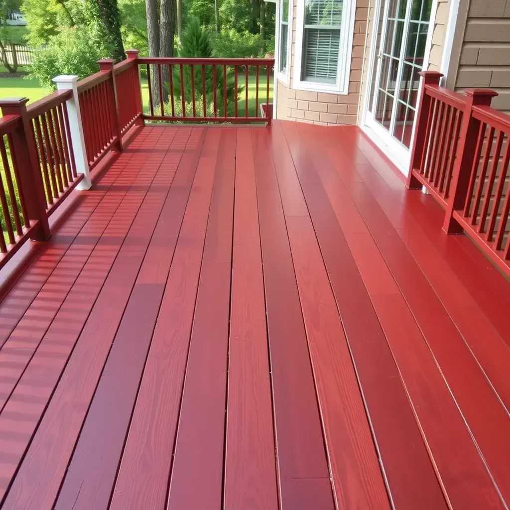 Freshly stained wooden deck in Richmond, VA backyard with lush greenery, sunlight, and staining tools nearby.