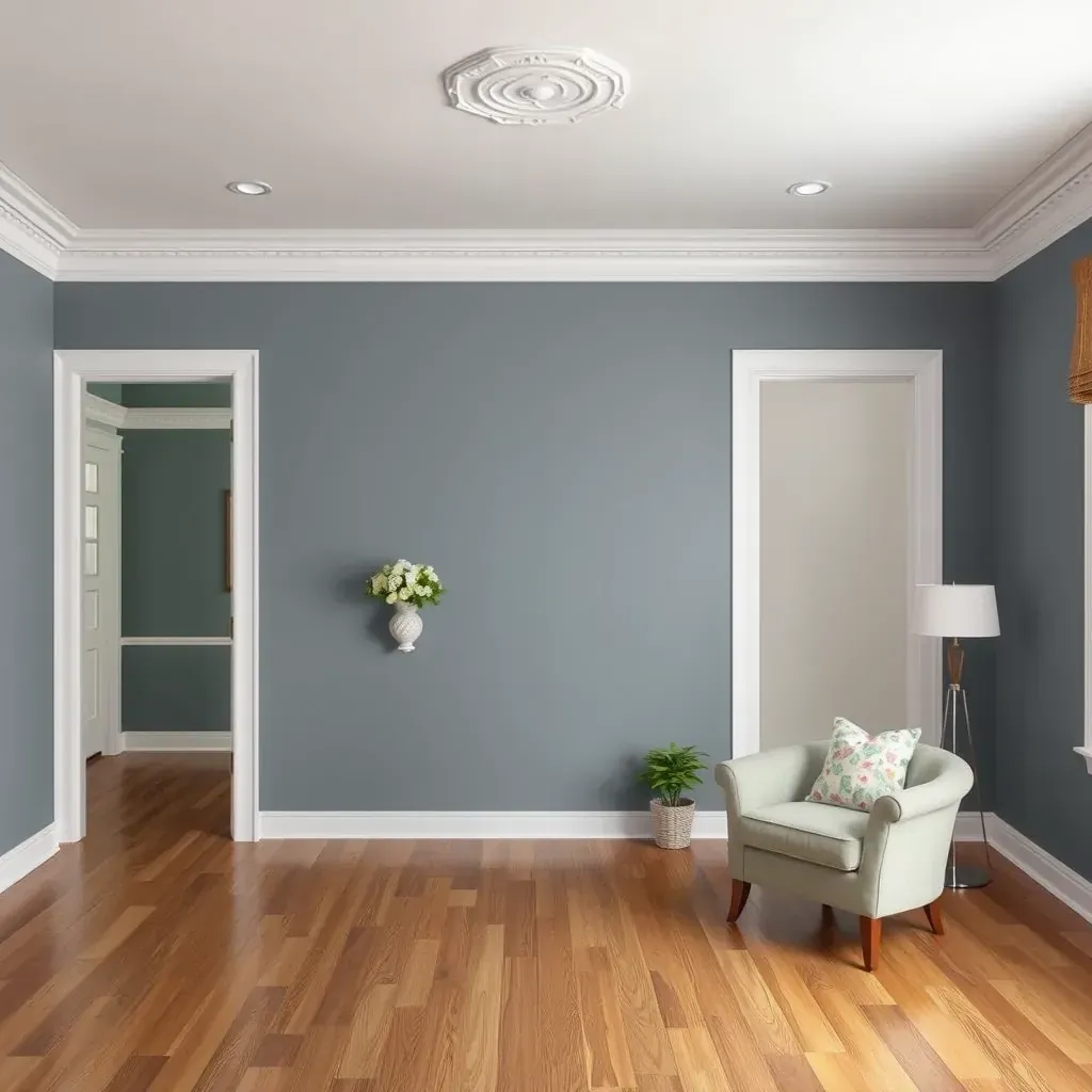 Bright living room in Atlee, VA with beige walls, white trim, hardwood floors, and painting tools, showcasing professional interior painting.