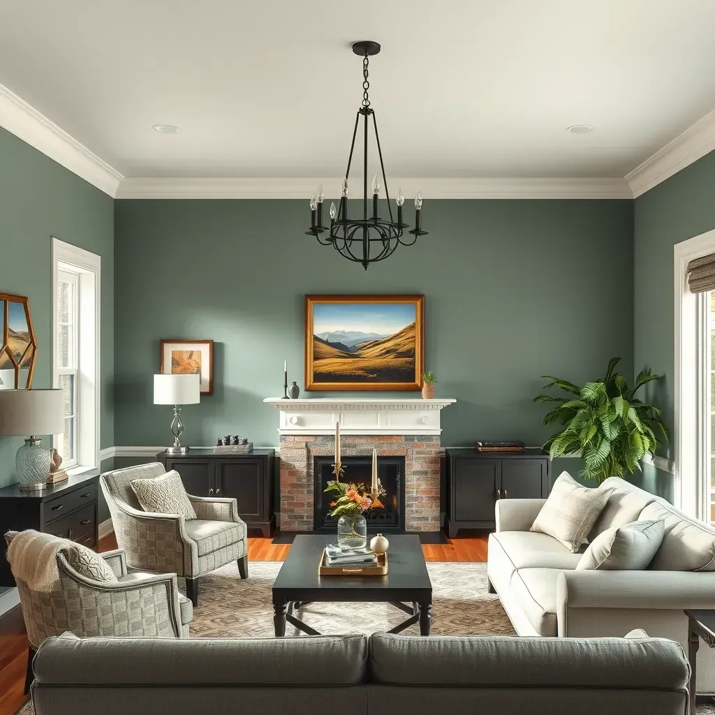 Interior living room in East Highland Park, VA, with freshly painted beige walls, white trim, natural light, and painting tools.