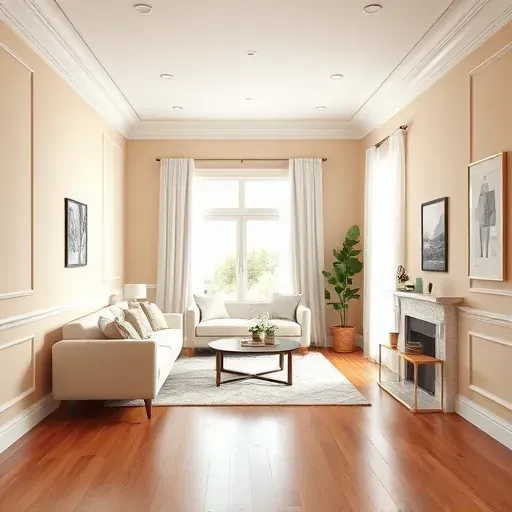 Freshly painted beige interior room in Elmont, VA with crown molding, hardwood floors, large window, modern furniture, and natural light.