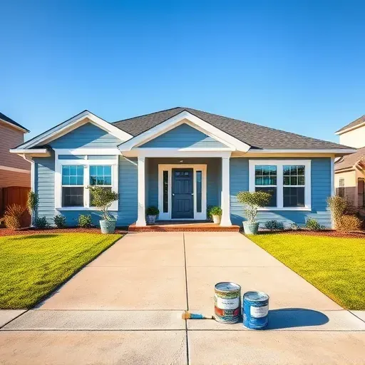 Beautifully painted suburban home in New Kent VA with light blue and white trim surrounded by lush landscaping.