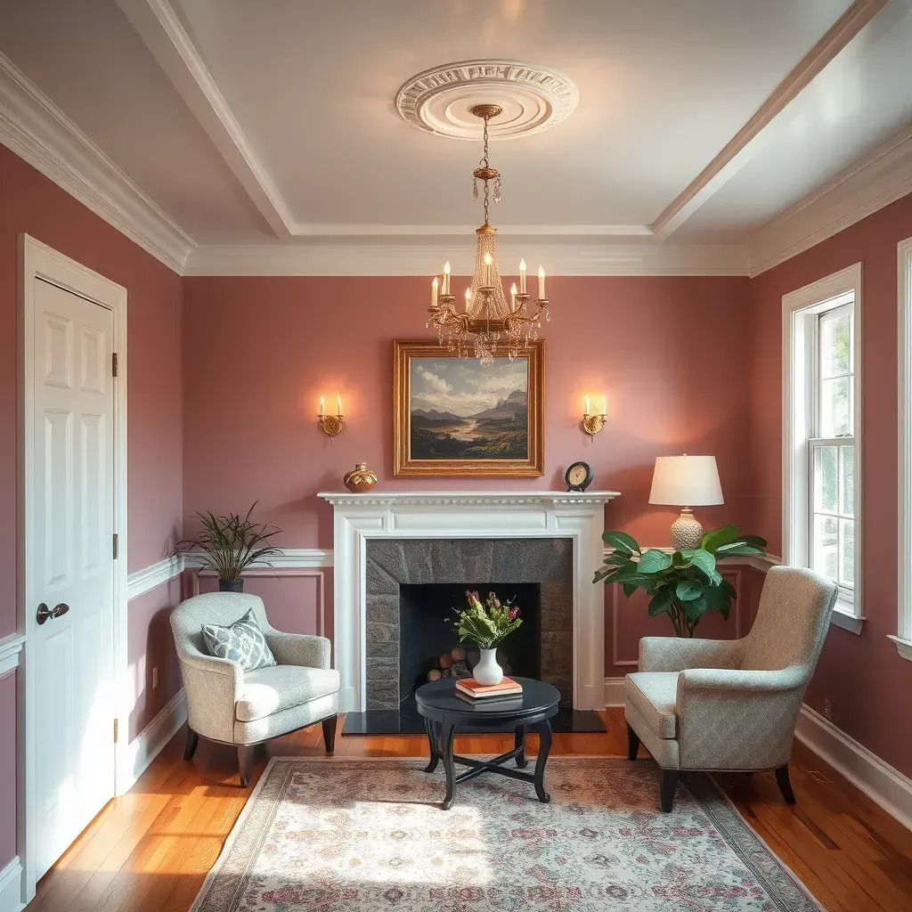 Bright living room in Glenburnie, VA with beige walls, white trim, ladder, painting supplies, and protected floors.