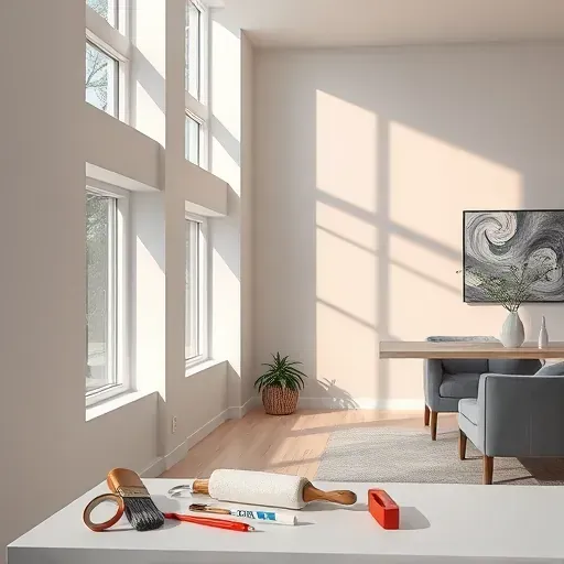 Interior painting scene in Varina, VA, featuring a painter with tools and fresh wall paint in a cozy room.