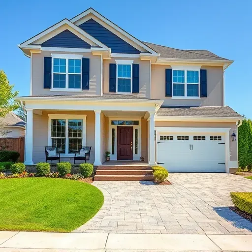 Completed painting project in Short Pump VA featuring a suburban home with beige and navy accents, landscaped gardens, and polished stone driveway.