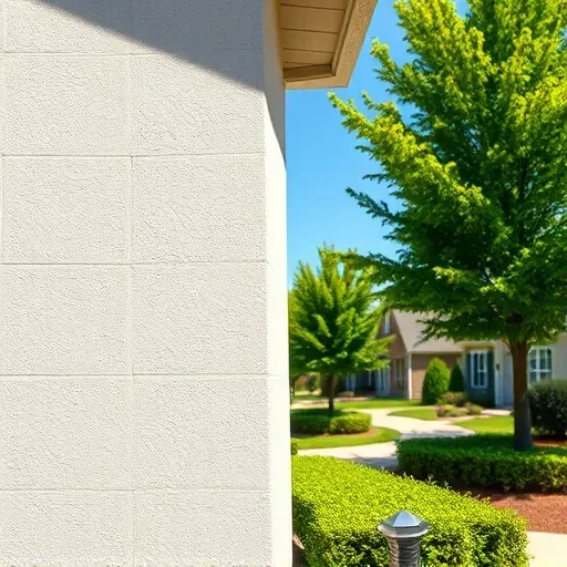 Freshly repaired seamless stucco wall on a Richmond VA home with greenery and clear sky background