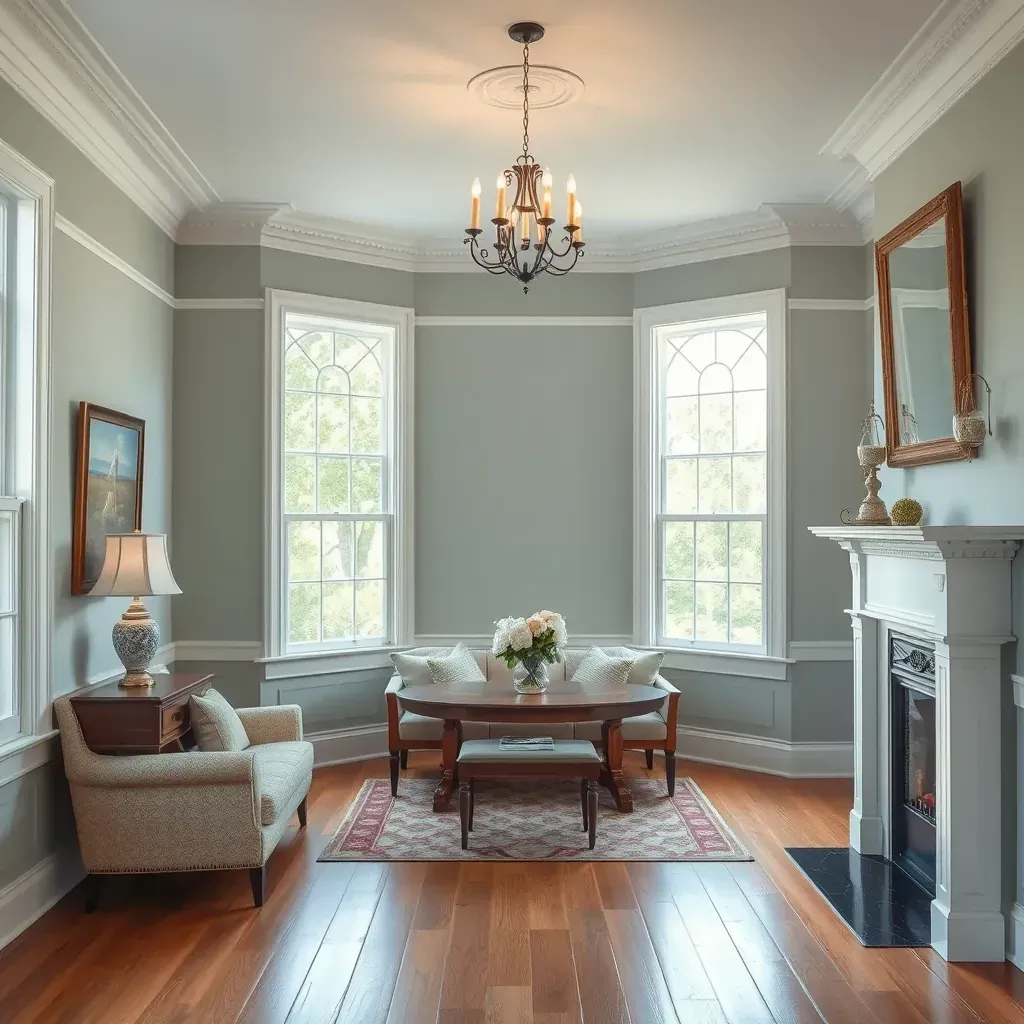 Spacious Dumbarton, VA living room with beige walls, natural light, organized painting tools, and pristine ceiling details.