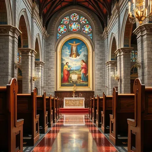 Intricate biblical painting inside a Richmond VA church with stained glass, wooden pews, stone walls, and elegant chandeliers