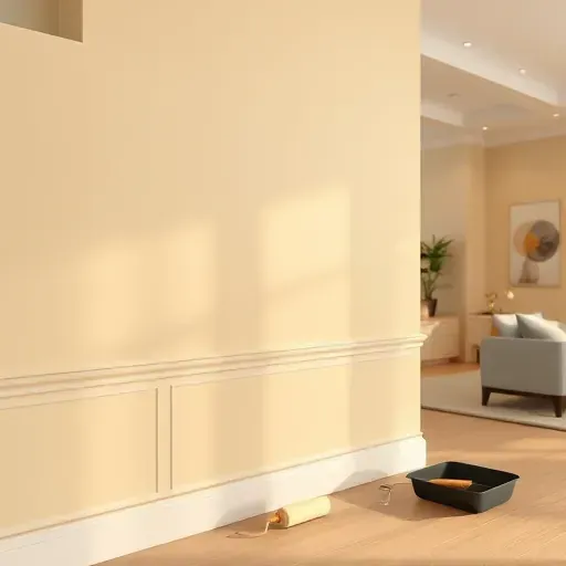 Freshly painted neutral interior wall in Montpelier VA with smooth surface, natural light, modern decor, and organized workspace