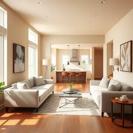 Bright painted beige living room with modern decor, hardwood floors, large windows, contemporary furniture, and a well-lit open kitchen