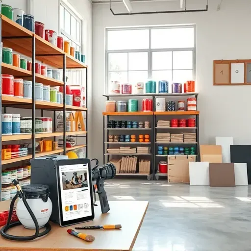 Pristine Henrico, VA painting contractor's organized workspace with paint cans, tools, and freshly painted wall.