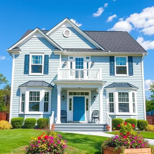 Completed painting project in East Highland Park VA showcasing a freshly painted house with blended soft blues and whites.