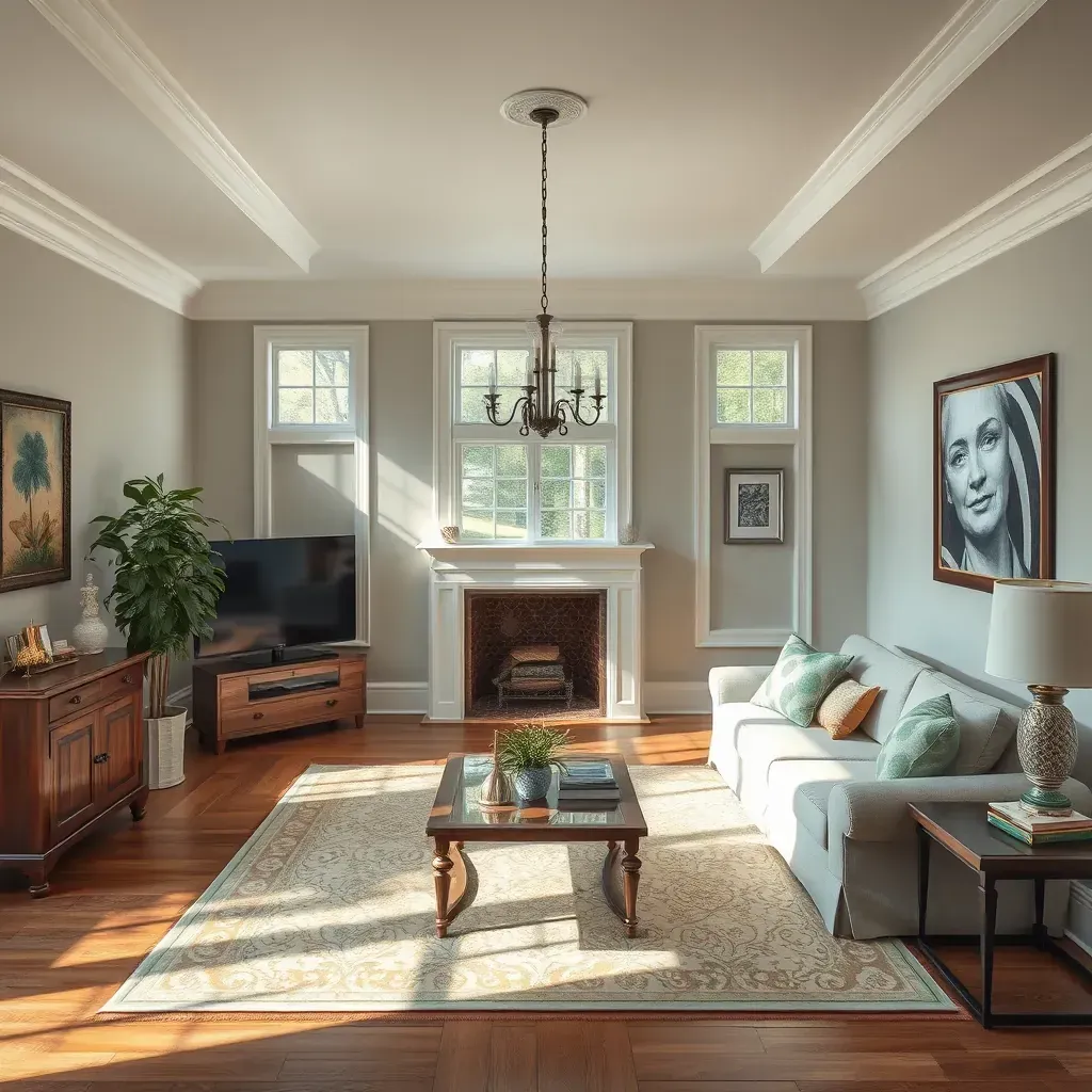 Spacious living room in Hopewell, VA with freshly painted neutral walls, sunlight, modern decor, and professional painting tools.
