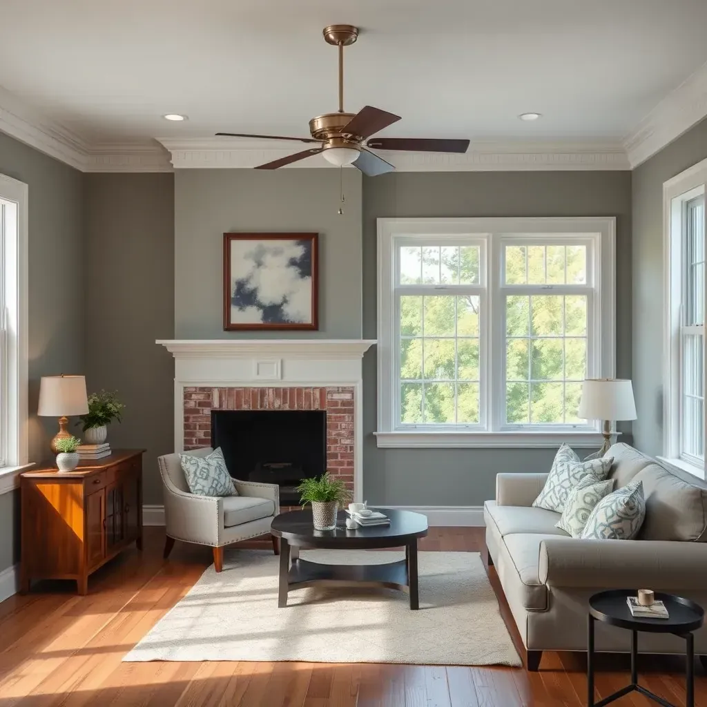 Bright living room in Bellwood, VA with freshly painted neutral walls, natural sunlight, polished hardwood, and painting tools.
