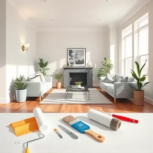 Freshly painted living room in Short Pump VA with elegant decor, natural light, and professional painting tools.