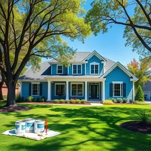 Freshly painted modern home in Moseley, VA with vibrant blue and white exterior, manicured lawn, and professional tools.