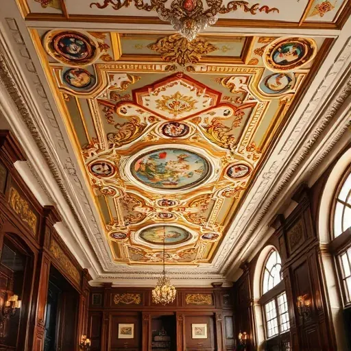 Beautifully detailed ceiling painting with ornate classical motifs in a historic Richmond VA building, highlighted by soft ambient light