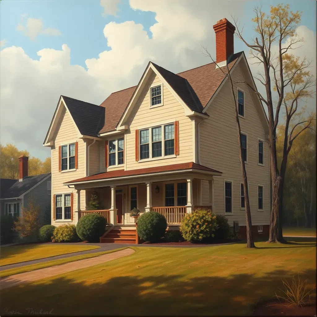 Serene Tuckahoe, VA landscape with creek, lush trees, rustic bridge, rolling hills, wildflowers, and historic manor in detailed realism.