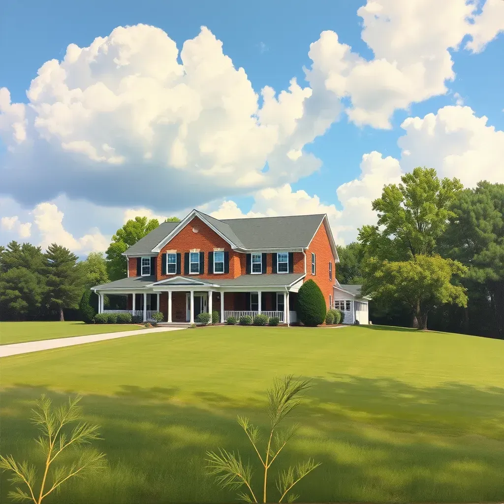 Painting of serene New Kent, VA landscape with rolling green fields, mature trees, historic farms, creek, and sunset skies.
