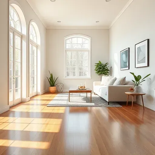 Bright living room in Lakeside VA with neutral walls, polished floors, contemporary furniture, and abundant natural light.