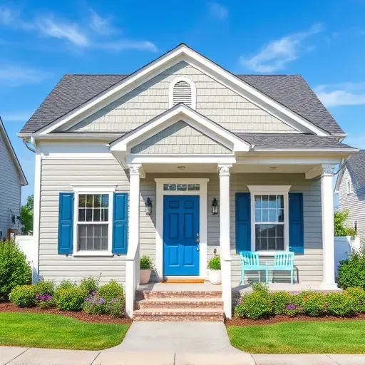 Freshly painted house in Chester VA with gray siding, white trim, blue door, green landscaping, and modern charm.