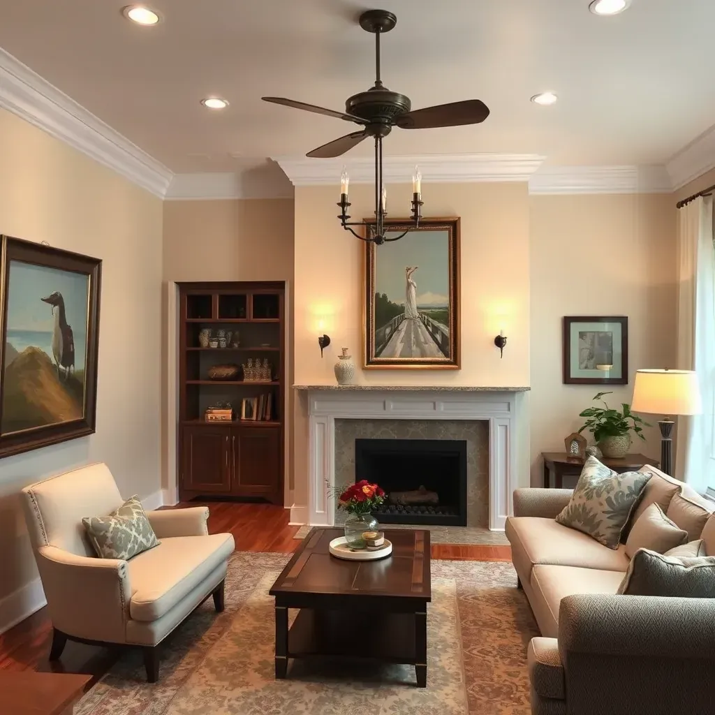 Interior living room in Manakin Sabot, VA featuring freshly painted beige walls, white crown molding, natural light, and stylish decor.