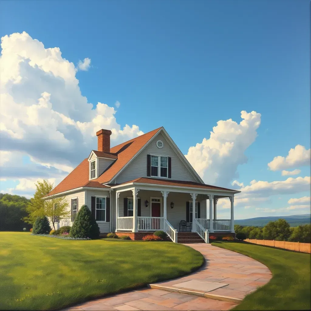 Painting of lush green fields, rolling hills, farmhouse, rustic barn, and mature trees under a clear blue sky in Wyndham, VA.