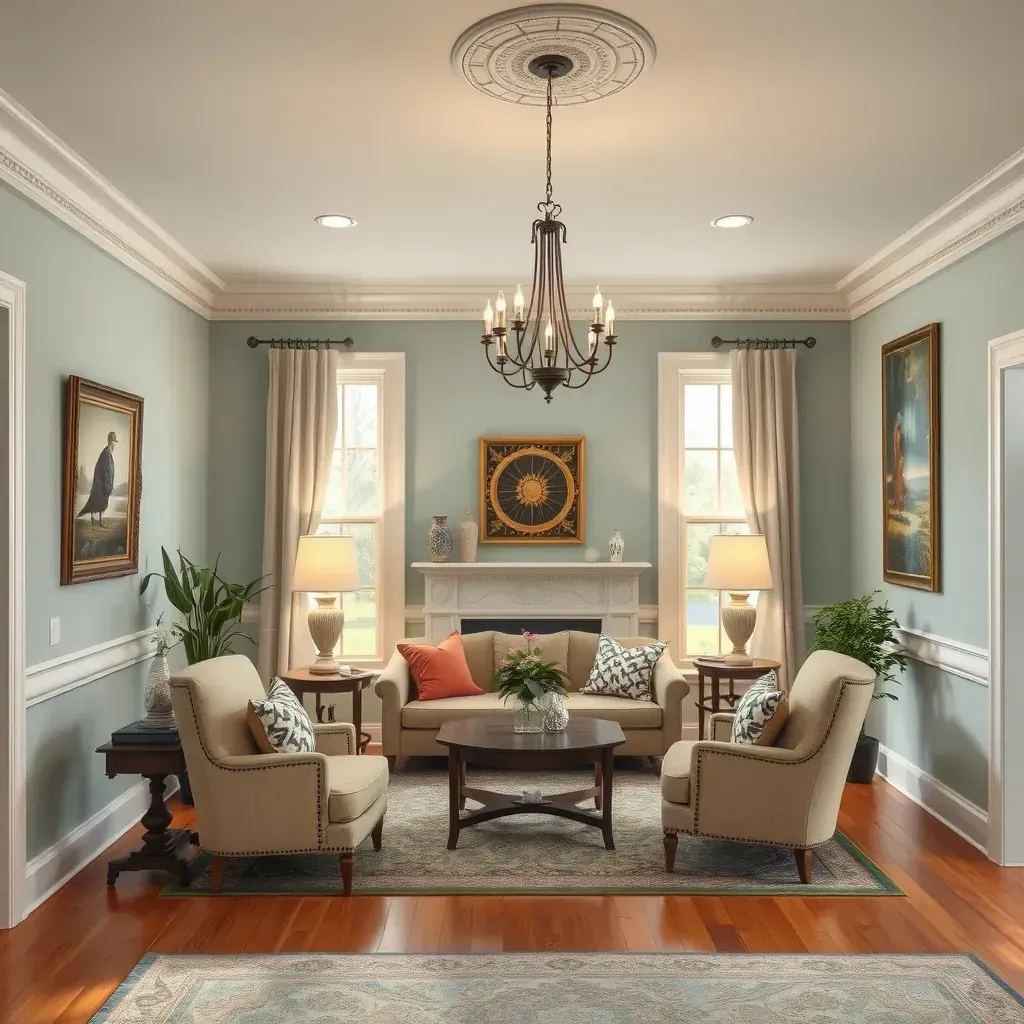 Interior living room in Moseley, VA with fresh neutral-painted walls, white trim, painting tools, and modern decor.