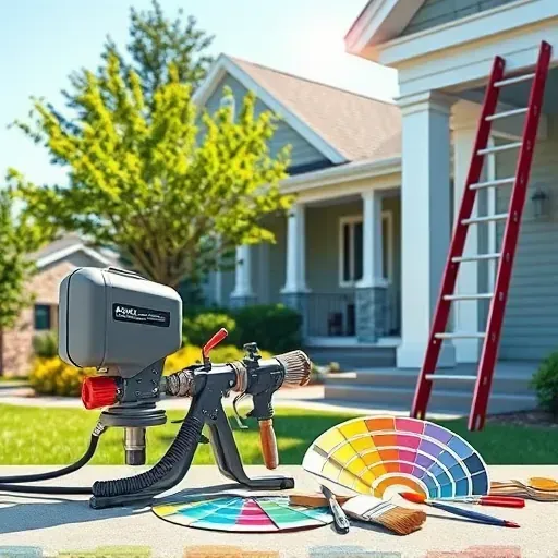 Bon Air VA painting contractor's workspace with painted exterior, lush greenery, tools, and sprayer outdoors.