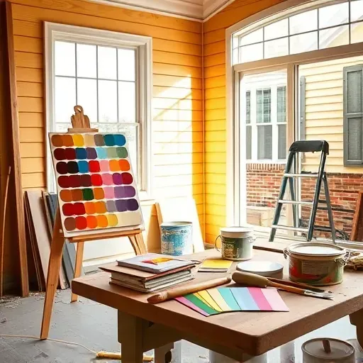 Professional painting contractor’s organized workspace in Colonial Heights, VA, with paint samples, tools, and a freshly painted home exterior.