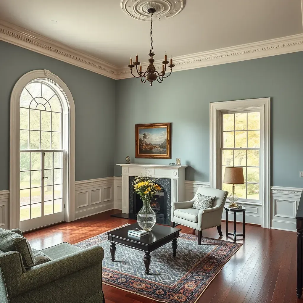 Beautiful Goochland, VA living room with soft beige walls, hardwood floors, large windows, crown molding, and painting tools.