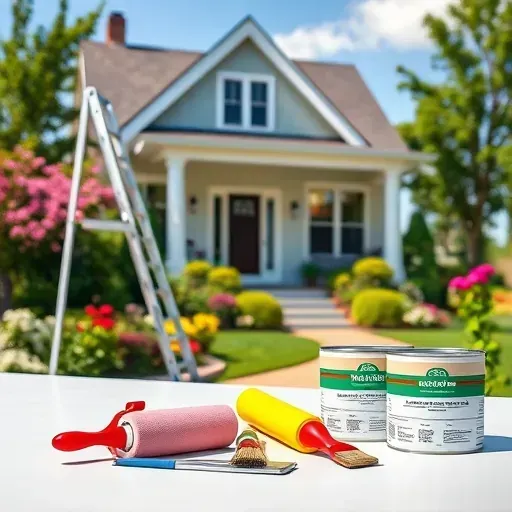 Freshly painted home in Tuckahoe, VA with vibrant colors, tools, ladder, and lush garden in bright, clean setting.