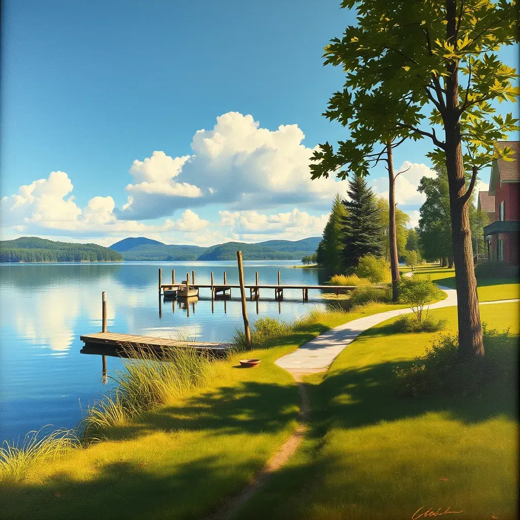 Serene Lakeside, VA dawn scene with calm water, vibrant sky, lush trees, wooden dock, lilies, rolling hills, and cottages.