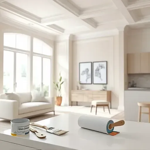 Freshly painted interior wall in a modern room with natural light, perfect finish, organized tools, and stylish decor.