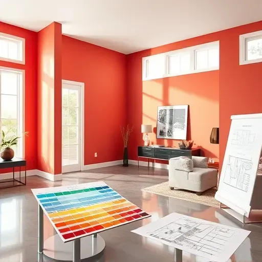 Finished interior wall in vibrant color with paint swatch board, blueprint, modern decor, natural light, showcasing expert color consultation