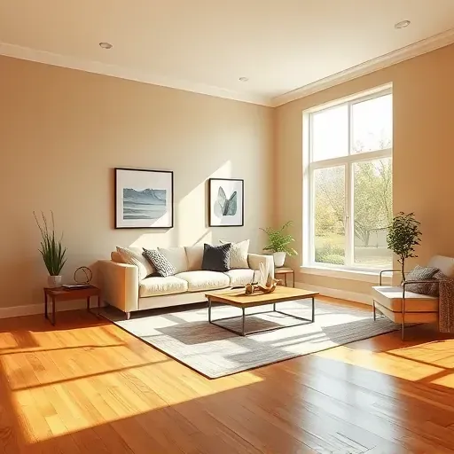Beautiful modern living room in Goochland VA with freshly painted warm neutral walls, polished hardwood floors, and elegant decor