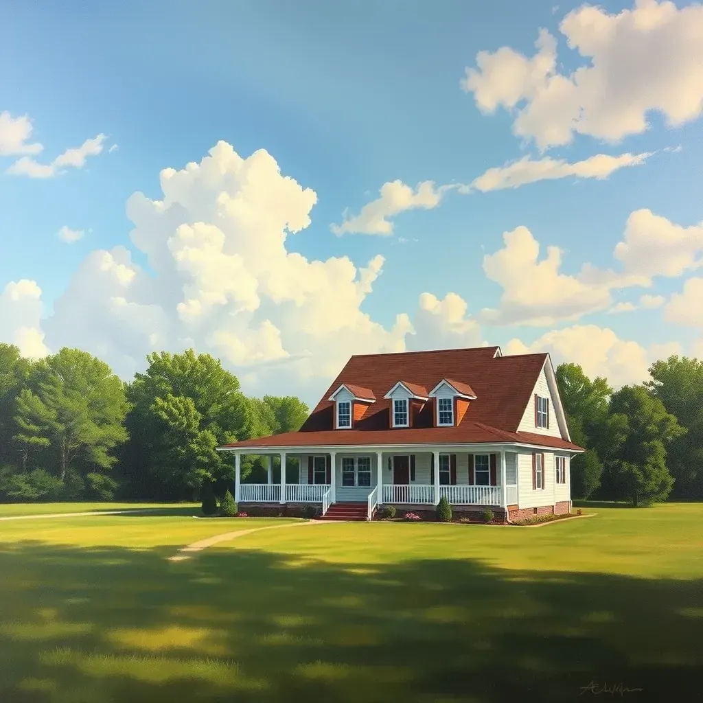 Painting in Powhatan, VA, vibrant landscape with trees and river, bright colors and clear sky.