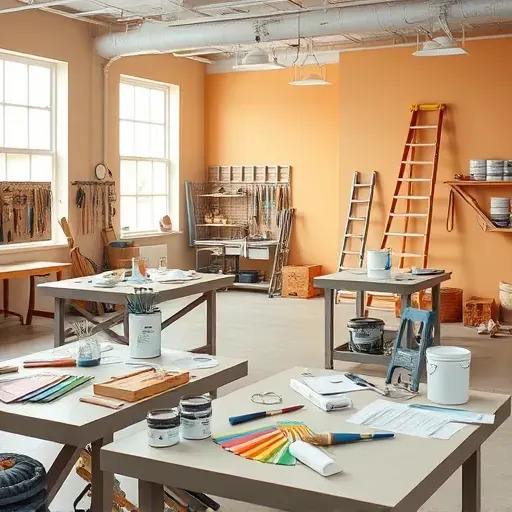 Clean, organized painting contractor's workshop in Mechanicsville, VA, featuring supplies, painted walls, and natural light.