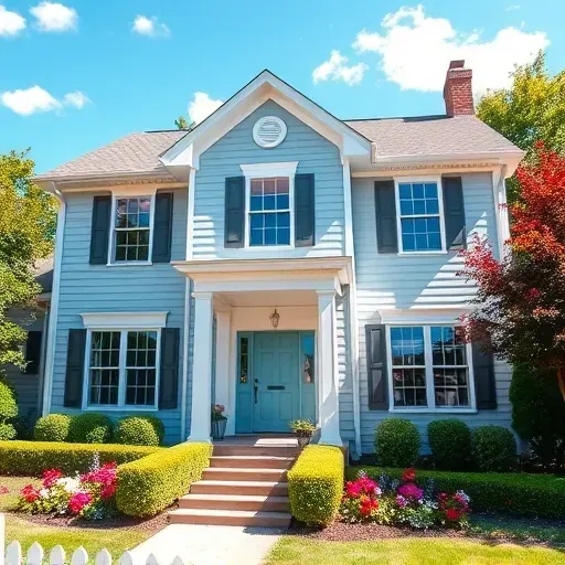 Newly painted home in Short Pump VA featuring modern muted colors, crisp lines, vibrant landscaping, and clear sky.