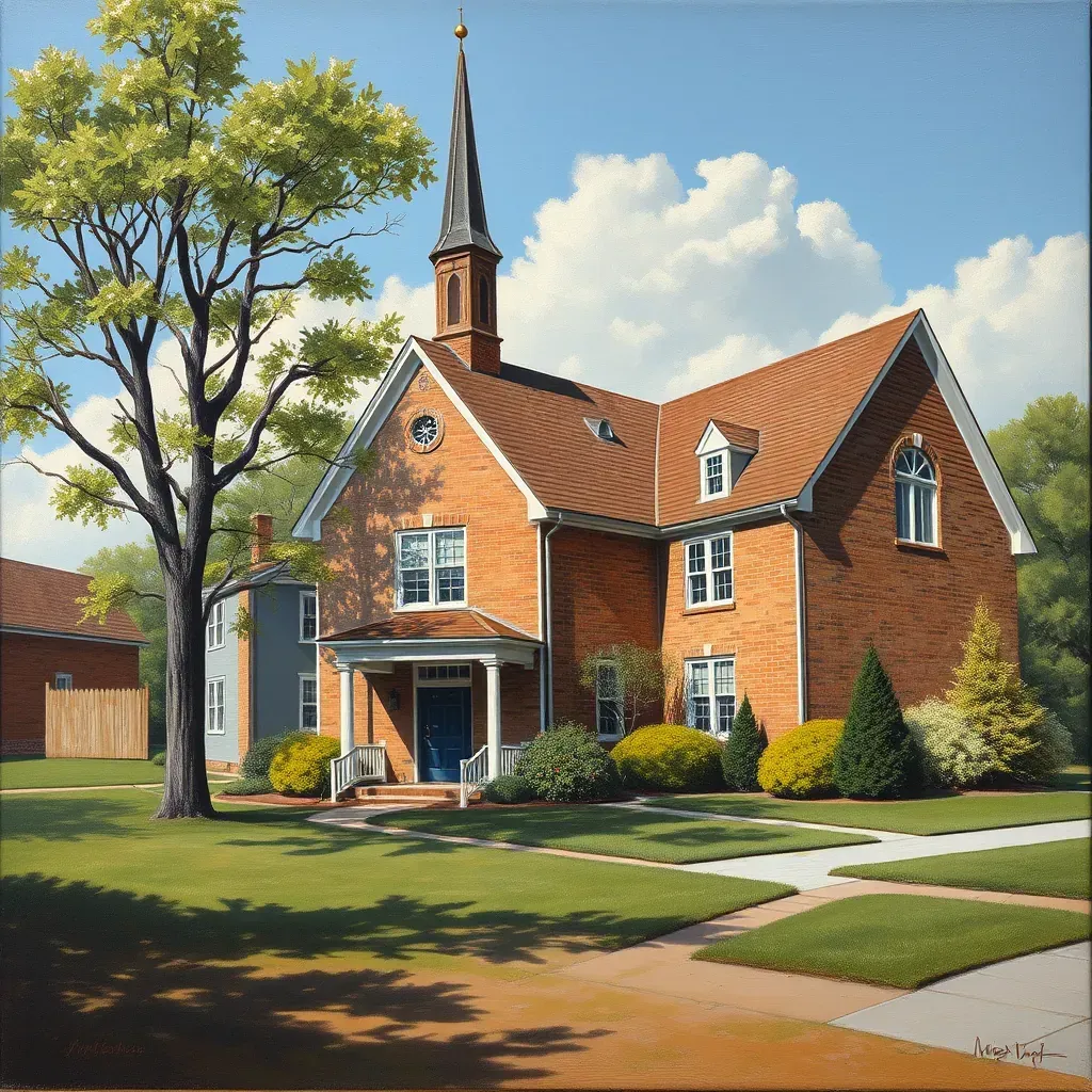 Serene Bon Air, VA neighborhood scene with tree-lined street, historic houses, lush park, and autumn-colored foliage.
