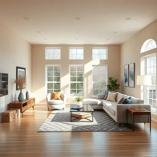 Renovated Lakeside VA living room with neutral walls, modern furniture, large sunlit windows, hardwood floors, and stylish decor