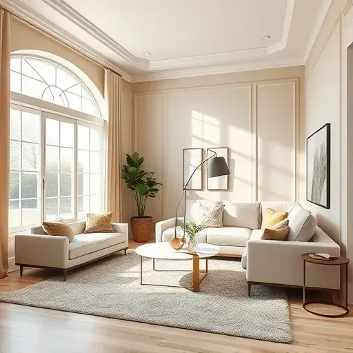 Modern Mechanicsville living room with beige walls, natural light, sleek furniture, and stylish decor.
