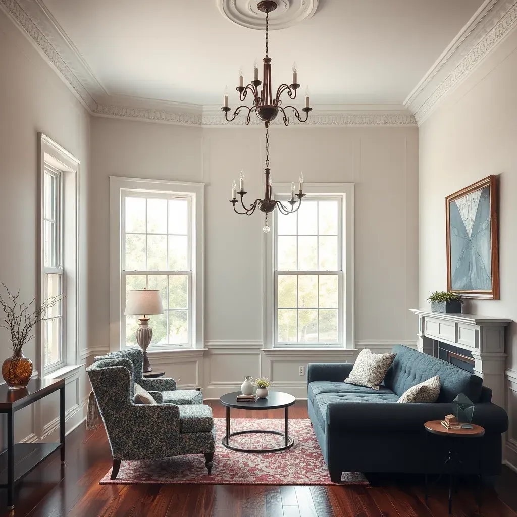 Bright Richmond living room with soft Revere Pewter walls, white crown molding, modern furniture, and natural light.