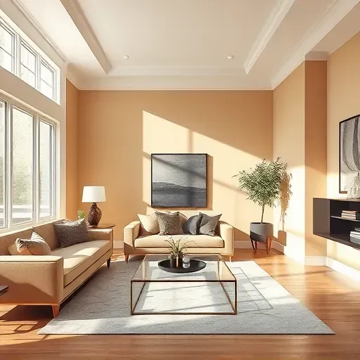 Freshly painted modern living room in Bensley, VA with flawless neutral walls, stylish furniture, and natural sunlight.
