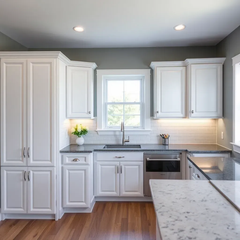 Bright workshop in Richmond, VA featuring glossy white refinished cabinets, modern hardware, and organized tools.